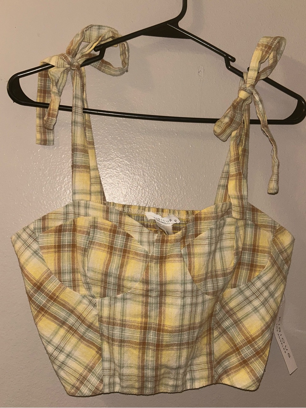 NWT. Kirious Plaid Tie-Strap Yellow Crop Top